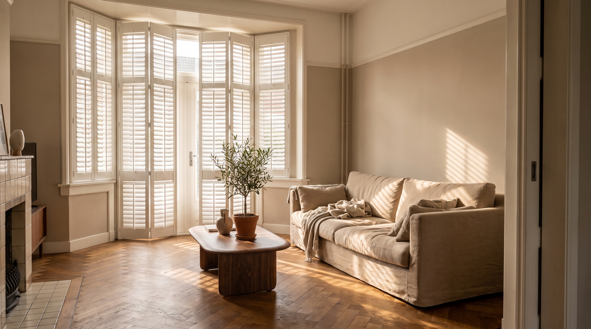Woonkamer met witte houten shutters, 63 mm lamellen, half open