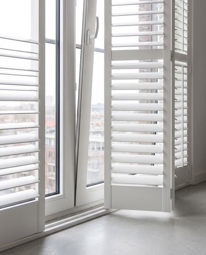 Witte shutters op een draaikiepraam
